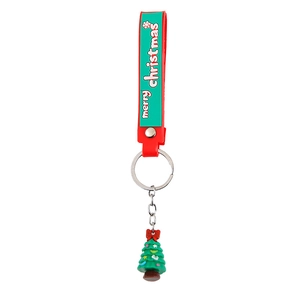 Christmas tree silicone keychain with red strap and Merry Christmas text on white background