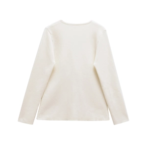 Back view of cream knit sweater with long sleeves and round neck on white background
