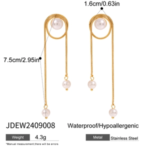 Detailed dimensions of long pearl tassel earrings in stainless steel with 18k plating
