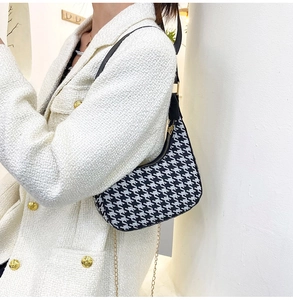 Close-up of houndstooth hobo bag with gold hardware and dual-strap detail on a model