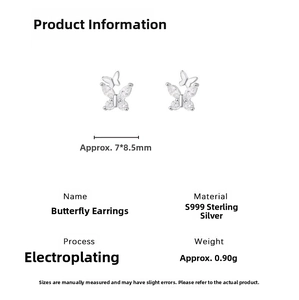 Detailed specifications of S999 sterling silver butterfly stud earrings with dimensions