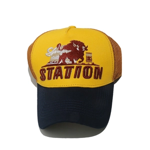 Detail of vintage trucker hat with bull embroidery, yellow panel and brown mesh