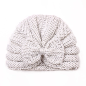 Light gray knit baby hat with oversized bow detail, infant winter warm beanie cap