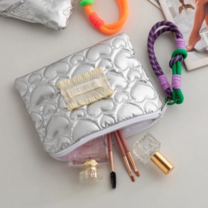 Silver heart quilted makeup bag with zipper and high capacity for cosmetics