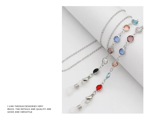 Detail of colorful gemstone eyewear chains with metal links and non-slip silicone loops