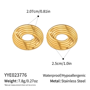 Detailed view of striped oval earrings with dimensions and stainless steel material specs