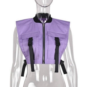 Detail of purple utility vest featuring zipper closure and black tactical buckles