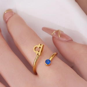 Libra zodiac ring in 18K gold plated stainless steel with blue zircon gemstone