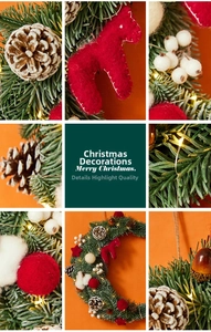 Detail of LED moon-shaped Christmas wreath with felt horse and pine cones decorations