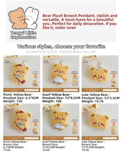 Detailed view of plush bear charms and brooches in various sizes from 5.5cm to 8.5cm