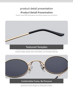 Detail view of oval sunglasses with gold metal frame and black ergonomic temple tips