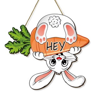 Wooden Easter door sign featuring a cute bunny hugging a carrot with HEY lettering