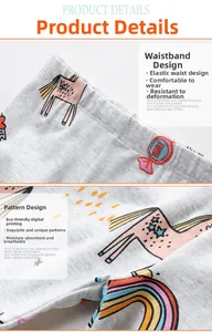 Detail of girls' light grey leggings featuring rainbow and unicorn print patterns