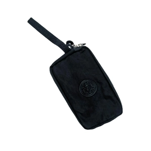 Black fabric long wallet with three zippers and a wristlet strap for large smartphones
