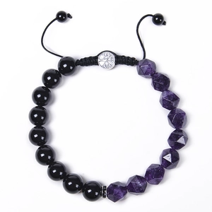 Lila Amethyst und schwarzer Obsidian Lebensbaum geflochtenes Yoga-Energiearmband