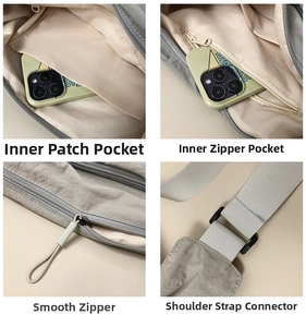 Detail view of large capacity nylon messenger bag showing internal pockets and sturdy zipper