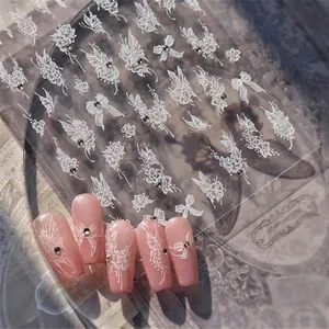 5D Embossed Nail Art Stickers White Rose Butterfly Bow Designs With Rhinestone Artificial Pearl Accents Elegant DIY French Manicure