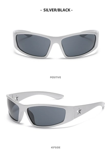 Detail view of silver Y2K sunglasses with star cutout temples and black lenses