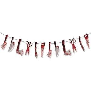 Detailed view of bloody knife garland decorations for Halloween haunted house parties