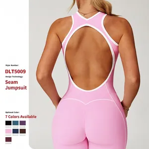 Damen Yoga Overall Nylon Elastan Rückenfrei Kontrastpaspelierung Ausgestelltes Bein Sportbekleidung Einteiler Top And Bottom