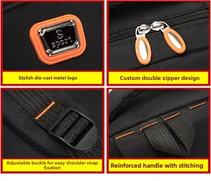 Detail view of sport backpack featuring metal logo, dual zippers, and reinforced stitching