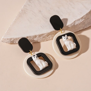 Cute contrast acrylic puppy geometric stud earrings for women in black and white finish