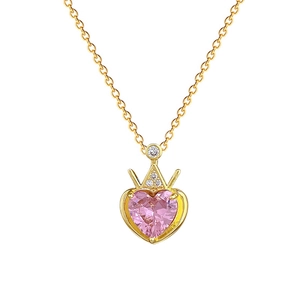 Elegant gold crown heart necklace with pink gemstone and diamonds on white background