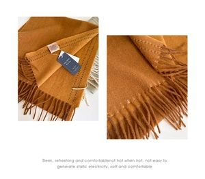 Macro detail of 100% wool scarf showing soft knit texture and handcrafted yellow tassels
