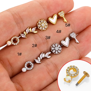 Bijoux De Piercing Clou De Cartilage D Oreille Anneau De Lèvre En Acier Inoxydable Cuivre Zircon Coeur Fleur Clef