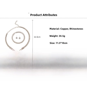 Detailed size specifications for rose gold necklace, bracelet, and earring set with rhinestones