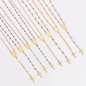 Bohemian gold stainless steel Y-necklace with colorful beads and cross pendants