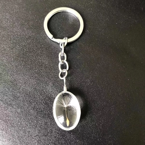 Creative dandelion seed keychain with oval glass cabochon pendant on silver ring
