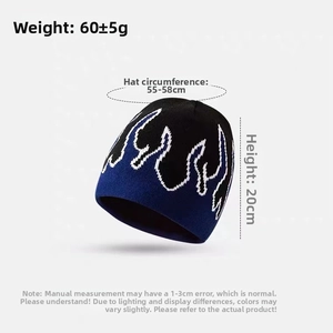 Knitted beanie with flame jacquard pattern detail and size measurements shown