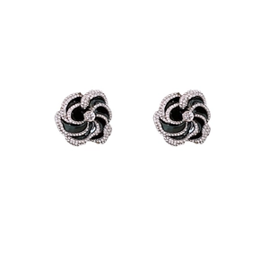 Exaggerated black enamel floral stud earrings with sparkling crystals and silver needles