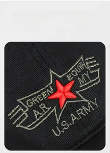 Detail of high-quality U.S. ARMY embroidery and red star on black canvas baseball cap