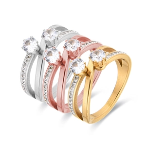 Stainless Steel Double Layer Cross Ring Inlaid Crystal Luxury Fashion Jewelry For Women Elegant