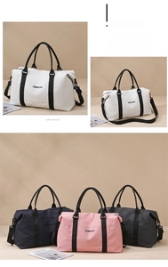 Detailed view of large capacity oxford fabric travel bags in white pink navy and grey