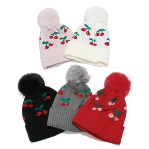 Kids Knitted Beanie Hat Acrylic Soft Cherry Pattern Warm Winter Pom Pom Cap For Girls Sweet Outdoor Windproof Hat