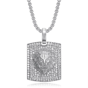 Collier hip hop avec pendentif tête de lion en acier inoxydable argenté serti de cristaux