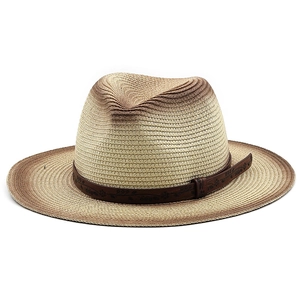 Dettaglio del cappello di paglia sfumato con fascia in pelle marrone e goffratura