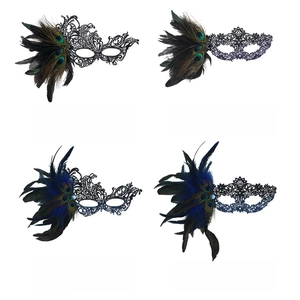 Detailed grid of Halloween lace masks with peacock feathers and gemstone accents