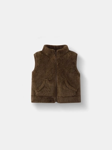 Gilet in peluche marrone scuro per bambini con colletto dritto e cerniera frontale