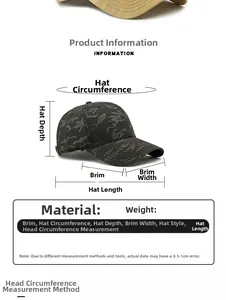 Especificaciones detalladas de tallas para gorra de camuflaje con guía de medidas