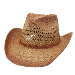Brown hollow-out woven straw cowboy hat with curved brim in a classic western style