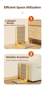 L-shaped vertical cardboard cat scratcher with yellow frame and built-in toy ball track