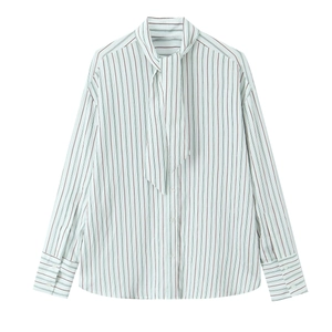 Vertical striped pussy-bow poplin shirt in green and red with long sleeves and front buttons