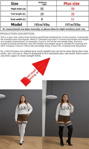 Size guide for plus size over-the-knee socks showing dimensions and model measurements