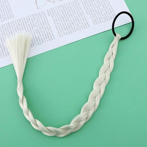 Detail of cream white braided hair extension with elastic band on mint background