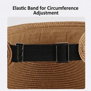 Straw sun hat with adjustable elastic band and silver metal buckle for women