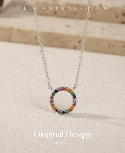 Close-up of S925 sterling silver necklace with a rainbow cubic zirconia ring pendant
